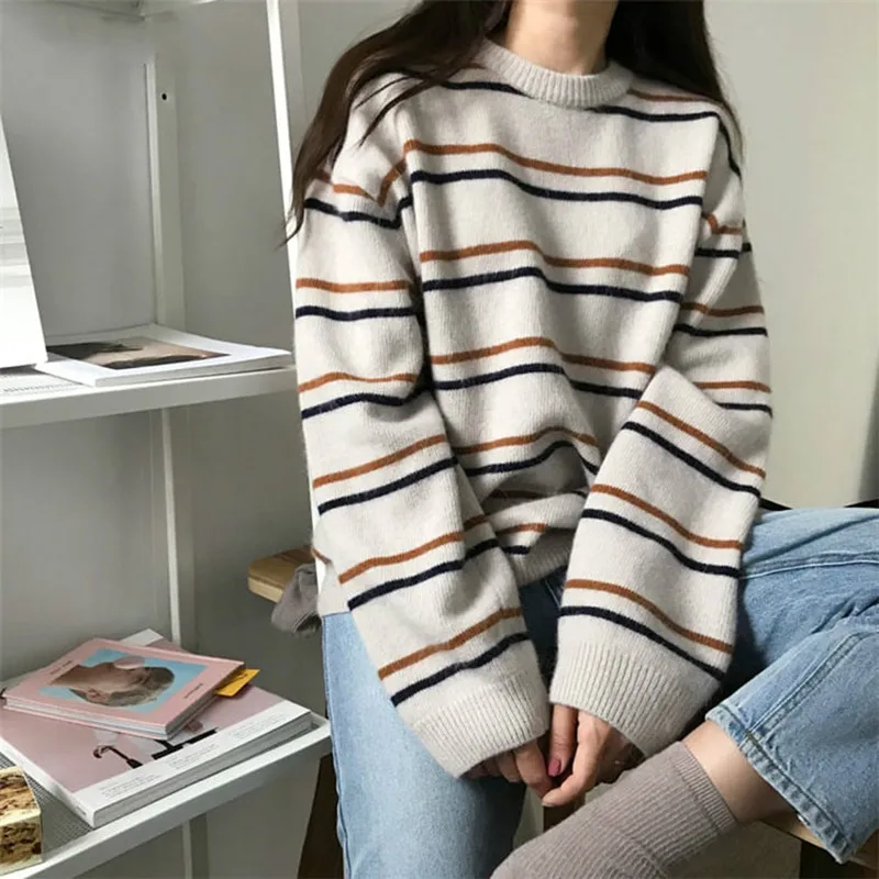 

Pullovers Women Soft Autumn Sweaters Daily Tops Womens Pullover Sweet Student Striped Harajuku Knitted Loose Outwear Sweater