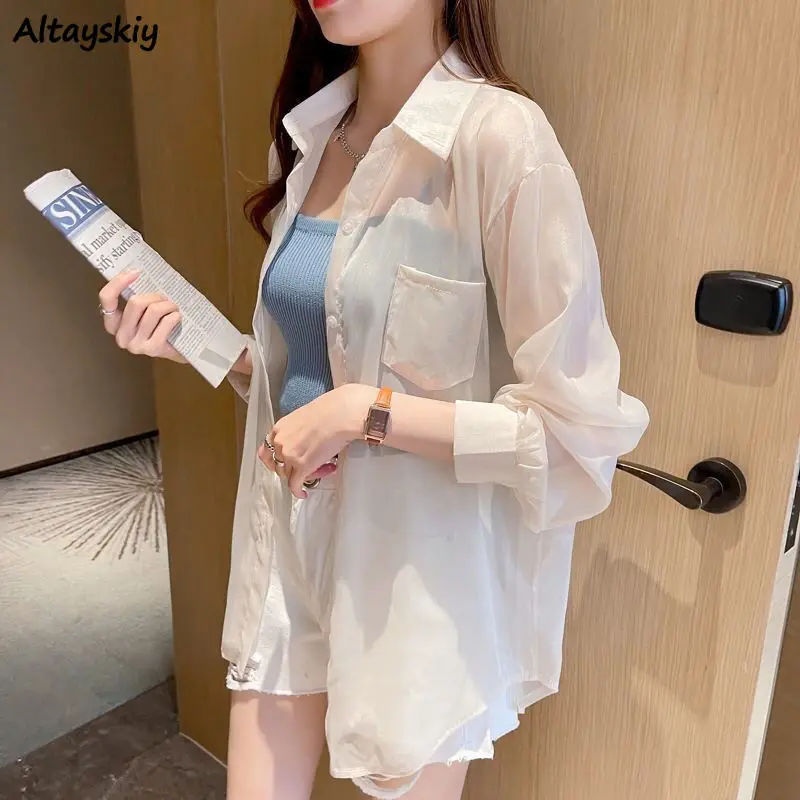 

Sun-proof Shirts Women Long Sleeve Thin Summer Pockets Harajuku Females All-match Fashion Korean Lovely New Arrival Mujer Casual
