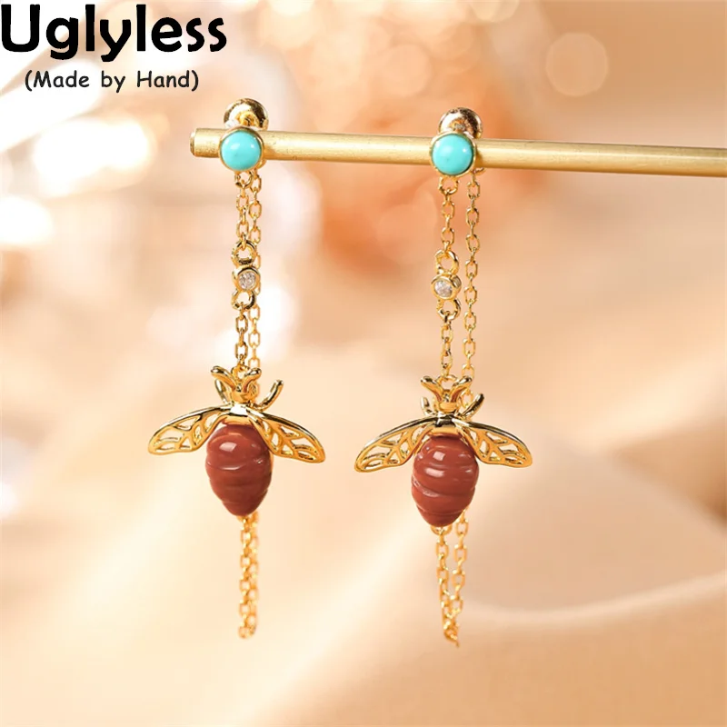 

Uglyless Creative Insect Vivid Agate Bees Earrings for Women Real 925 Silver Chains Brincos Lovely Bee Jewelry Gold Bijoux Vogue