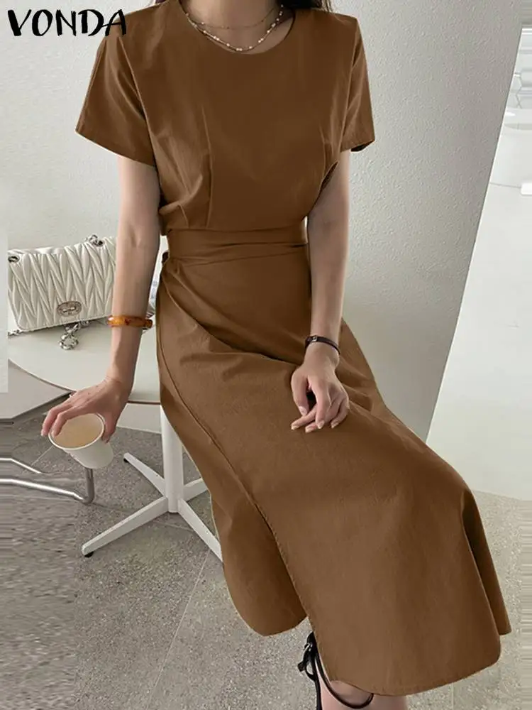 

Платье VONDA женское длинное с коротким рукавом, элегантный вечерний Свободный Повседневный плиссированный миди-халат с высокой талией и раз...