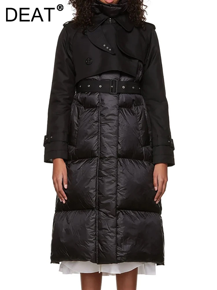 

DEAT Fashion Women's Cotton-padded Coat Lapel Loose Zipper Spliced Solid Color Belt Warm Parka Jackets Winter 2023 New 17A5684