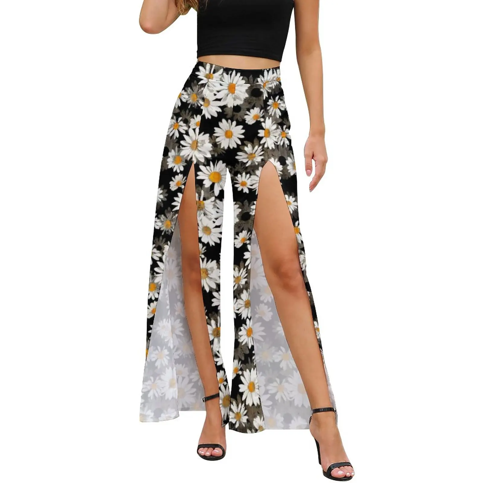 

Chic White Daisies Pants Lady Blossom Floral Pattern Beach Graphic Trousers High Slit Casual Wide Leg Pants Birthday Present
