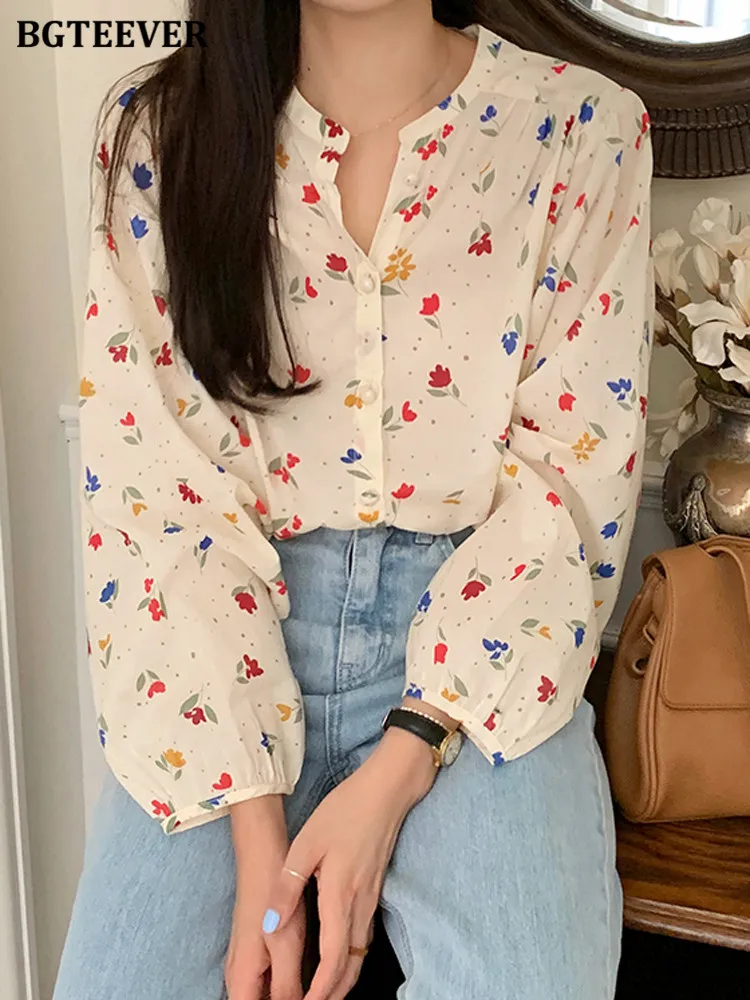 

BGTEEVER Elegant O-neck Long Sleeve Floral Printed Shirts for Women Spring Fashion Loose Single-breasted Female Blouses Summer