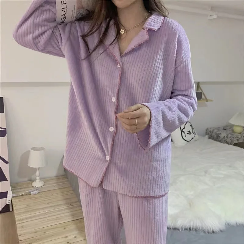Autumn Winter Warm Coral Fleece Pajamas Set Women Pyjamas Long Sleeve Soild Sleepwear Pijama Suit Female Homewear Loungewear