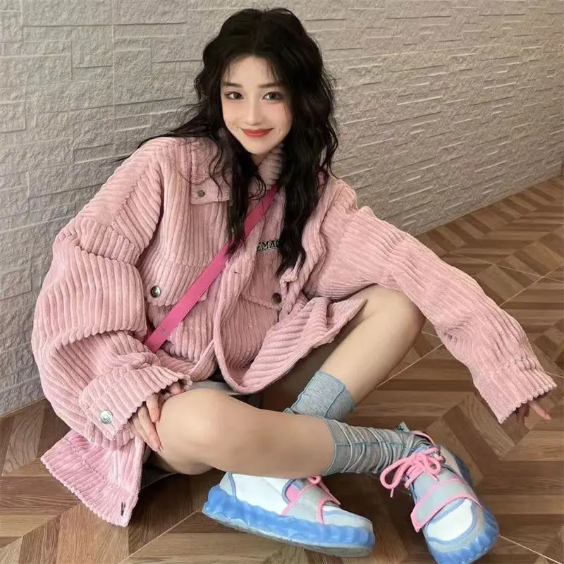 

Women Clothing Autumn Winter 2022 Pink Corduroy Women New Fashionable Retro Loose Solid Casual Preppy Style Women Winter Jacket