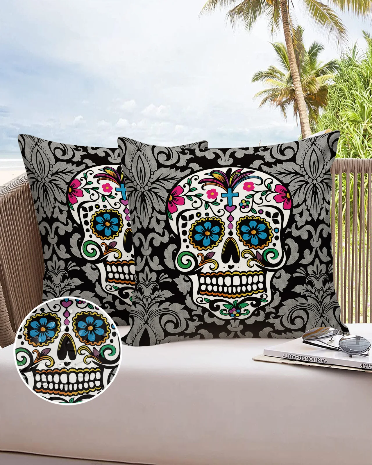 

Sugar Skull Art With Retro Pattern Cushion Pillowcase Set Living Room Sofa Decor Cushion Cover Waterproof Throw Pillowcover