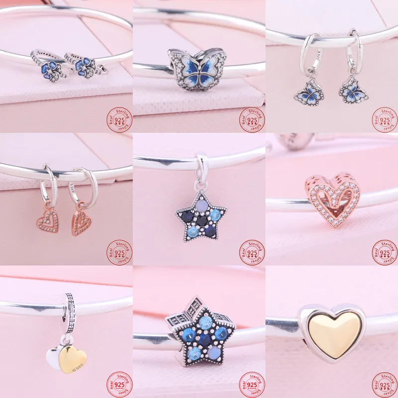 

New 925 Sterling Silver Blue Butterfly Golden Heart Fashion Pendant Beads Fit Original Pandora Charms Bracelet Women DIY Jewelry