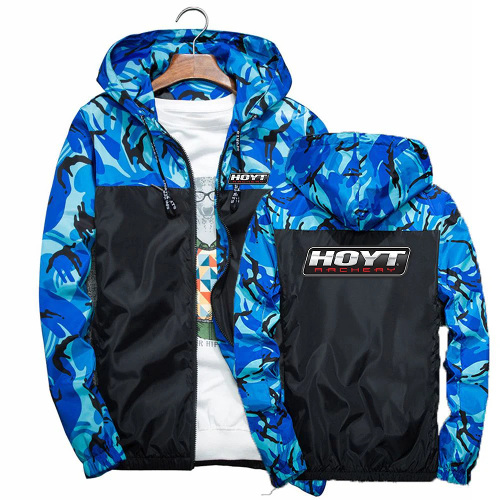 

2023 Spring Autumn HOYT Archery Huntinger Bows Logo Print Camouflage Military Jacket Men's Personality Splicing Windbreaker Coat