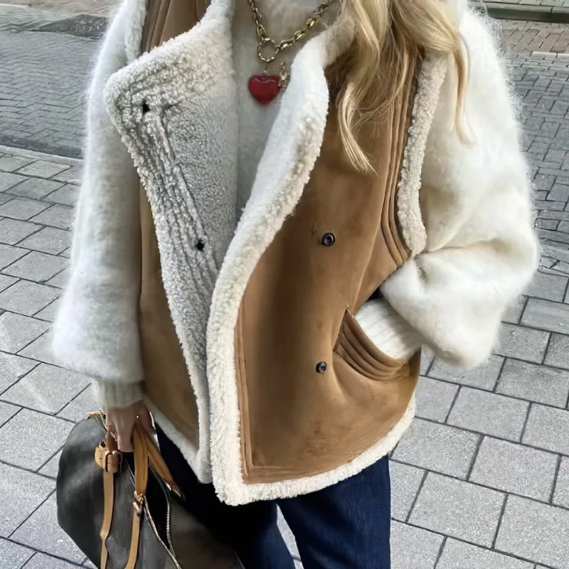 

Casual Women's Faux Lamb Wool Patchwork Vest 2023 Autumn Winter O-neck Single Breasted Sleeveless Jacket Female Tops Waistcoat