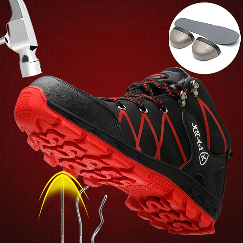 

Mens Safety Work Shoes Winter Boots Anti-Smash Anti-Puncture Indestructible Steel Toe Cap Hiking Plush Warm Snow Boots Fashion
