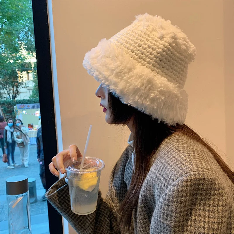 

Knitted Plush Winter Warm Fisherman Hat Bucket Basin Cap Female Face Cover Big Head Circumference