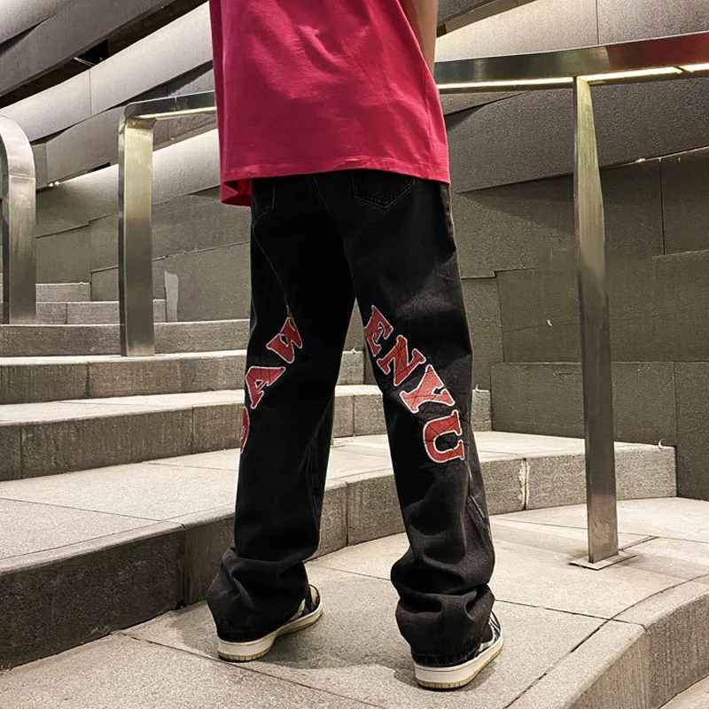 Men's Traf High Street Printed Black Slim Jeans Y2K Clothes Streetwear Straight Pants Wide Leg Jeans Hip-hop Trousers For Men