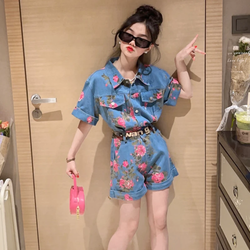 

Kids Jumpsuits Summer 2023 Denim Shorts Playsuits for Girls Floral Fashion Blue Children Bodysuits 10 12 13 Years Teen Clothes