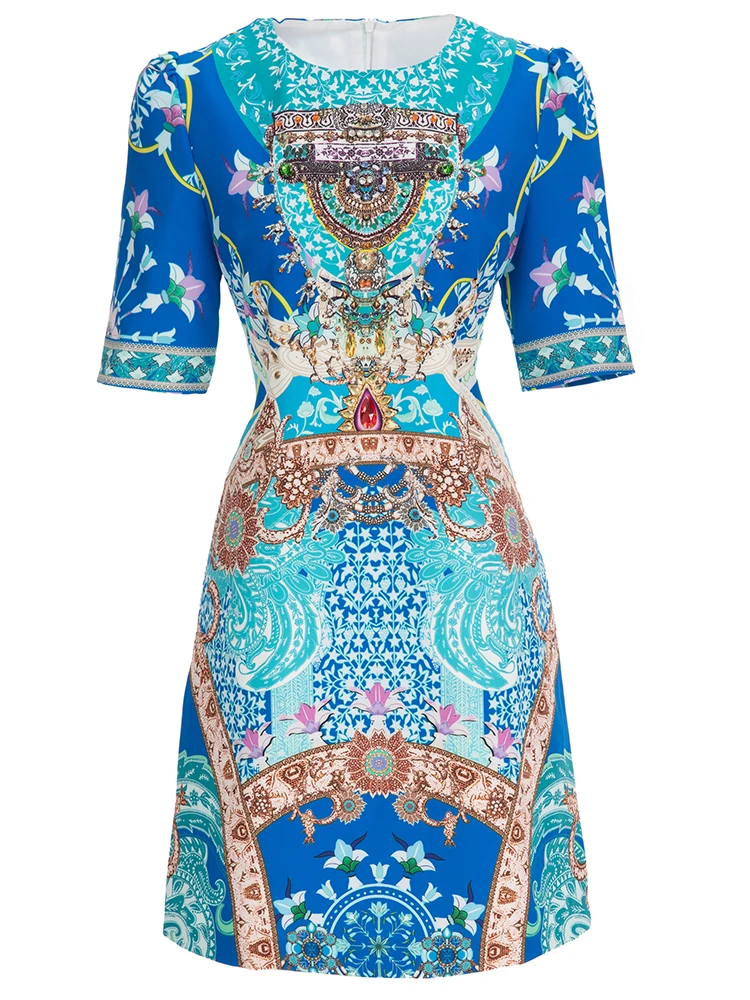 

EFATZP Fashion Runway Summer Mini Dress Women's Short sleeve Luxury Diamond Beading Flower Vintage Dresses