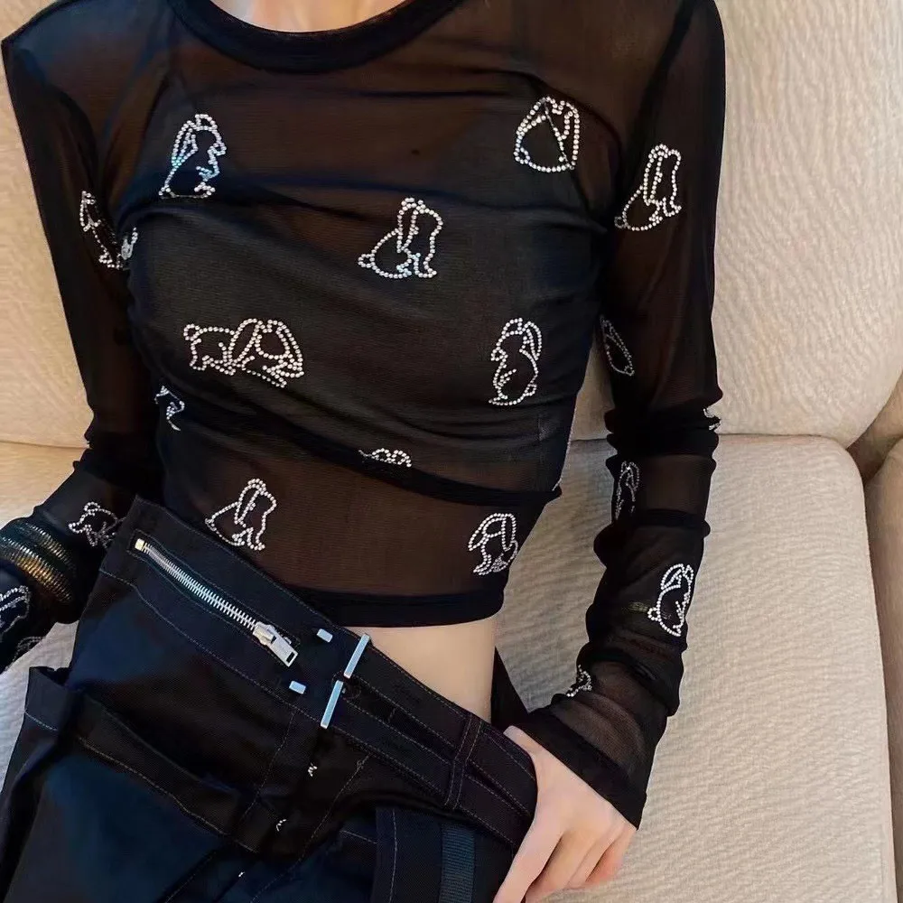 Летняя Женская Сексуальная футболка, Топ с длинным рукавом, облегающий топ с резиновым рисунком, высококачественные сексуальные комплекты, прозрачная одежда