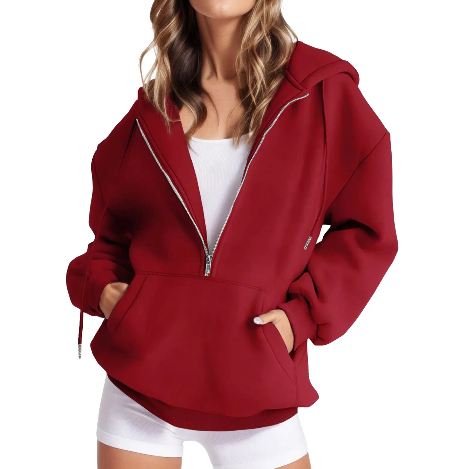 

Women's Autumn Casual Solid Color Drawstring Hooded Sweatshirt Loose Long Sleeve Pocket Fashion Half Zipper Pullover Sweatshirt