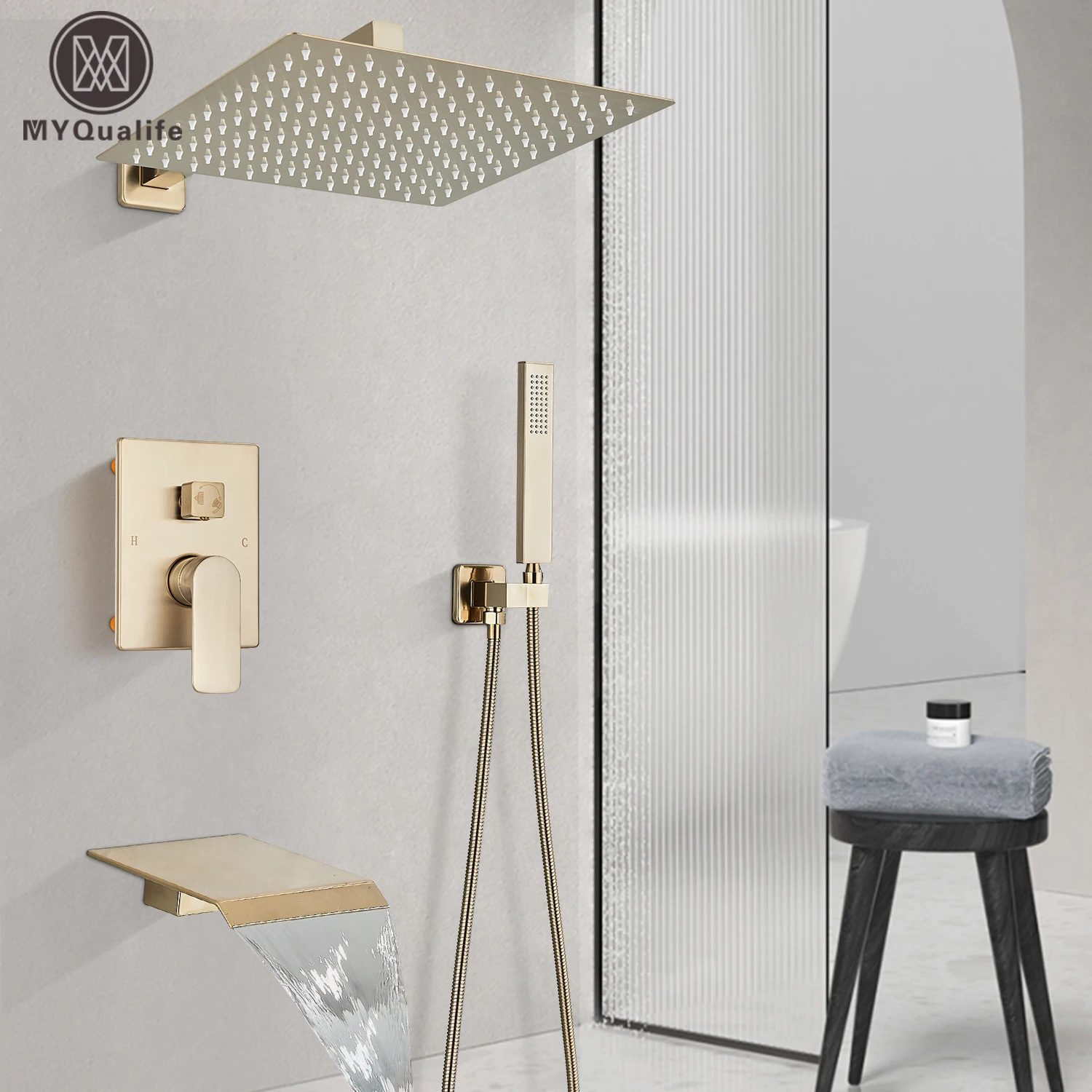 

Brushed Gold Bathroom Shower Faucet Set 2/3 Way Rainfall Bathtub Mixer Hot Cold Water Mixed Tap Wall Mounted Embedded Box