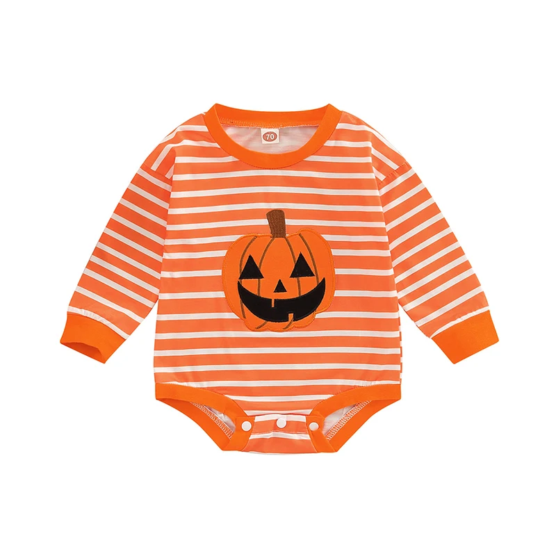 

Bmnmsl Baby Halloween Romper, Long Puff Sleeve Round Neck Pumpkin Letter Print Bodysuit