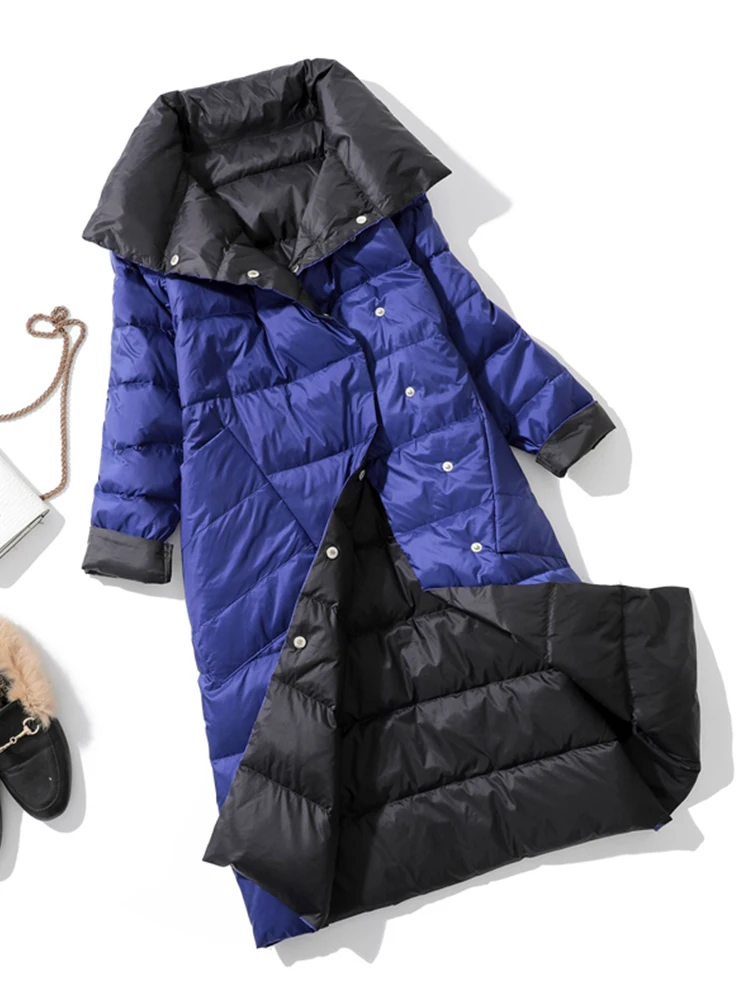 Fitaylor 2022 Winter Women Turtleneck White Duck Down Coat Double Breasted Warm Parkas  Double Sided Down Long Jacket