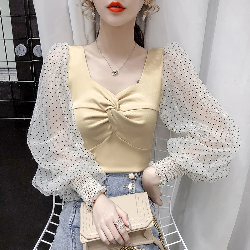

Pokta Dots Sheer Lantern Long Sleeve Shirts Splicing Twist Chest Chic Design Tops Lady Mujer Spring Summer Office Lady Elegant