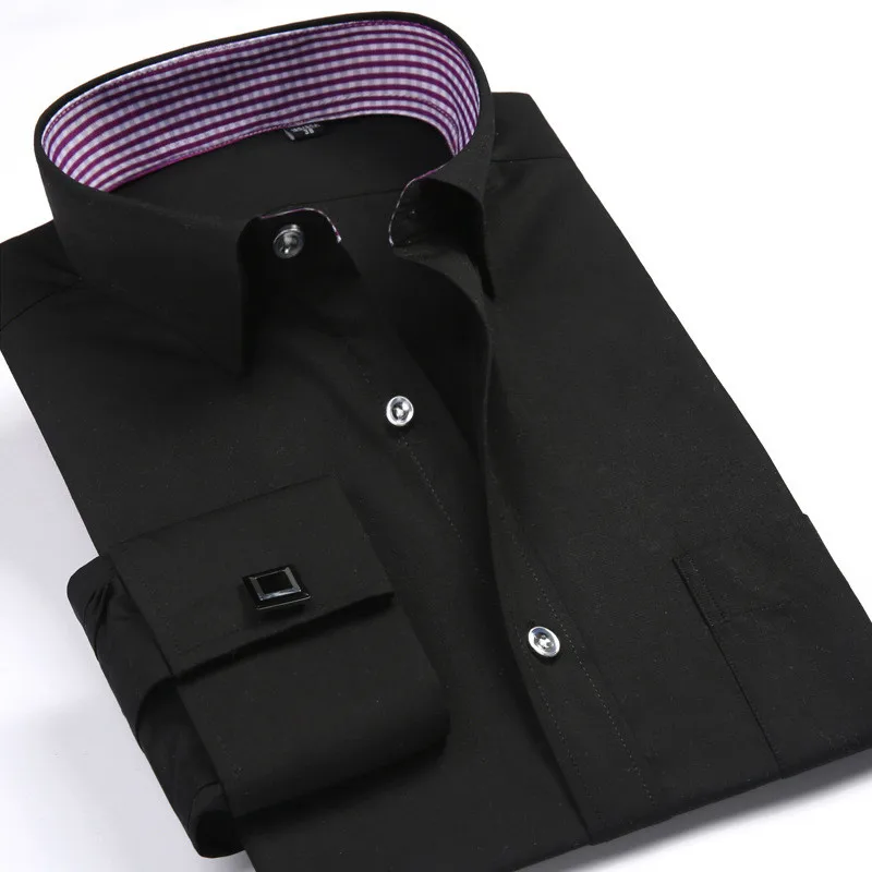 2017 Men's Luxury French Cuff Solid Color Dress Shirts New Patchwork Plaid Neck Long Sleeve Classic-fit Formal Shirt M569