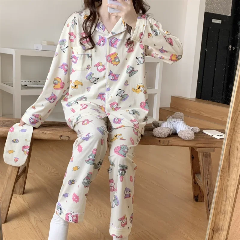 Пижама Kulomi Осенняя из чистого хлопка с длинными рукавами и мультяшным принтом