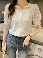 lace blouse women summer 2022 hollow out blouses womens puff short sleeve button shirt korean fashion clothes camisas de mujer