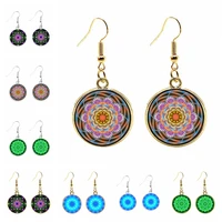 punk style fashion 20mm glass cabochon ear hook earrings mandala pattern hanging badge girls earrings gift jewelry