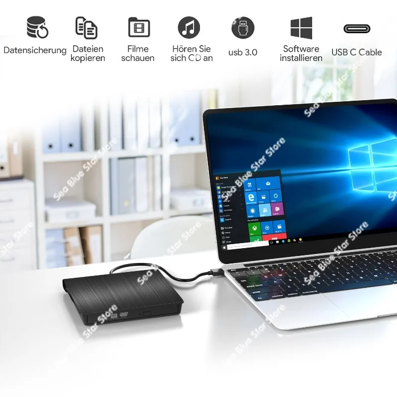 Фото Внешний оптический привод USB 3.0, портативный внешний DVD-рекордер, внешний привод типа C №1