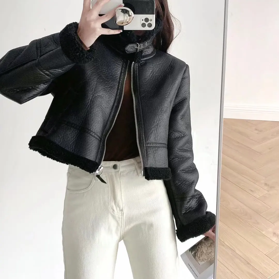 KoHuiJoo Womens Coats Winter Jackets 2022 Korean Short Slim Double Faced Fur Coat Women Warm Thickening Motorcycle Outerwear