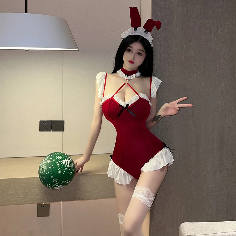 

Christmas Sexy Lingerie for Women Red Lace Cosplay Uniform Rabbit Girl Plush Alluring Women's Underwear Jumpsuit Erotic Dress