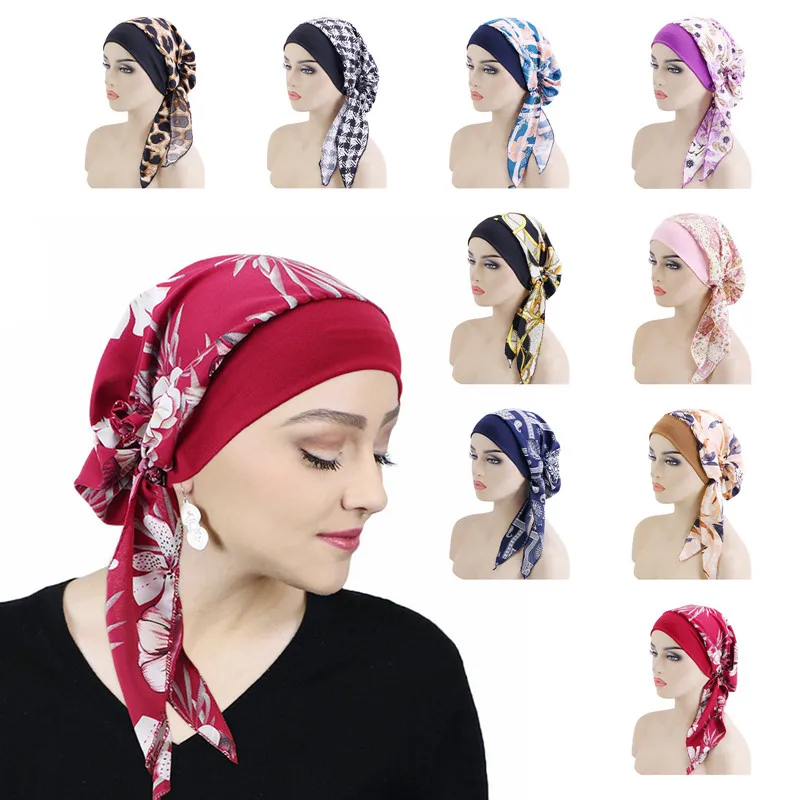 

Мусульманский хиджаб с цветочным принтом, кепка для выпадения волос, головной шарф, оборачивающийся раком, головной убор, стрейч-бандана, весна-лето