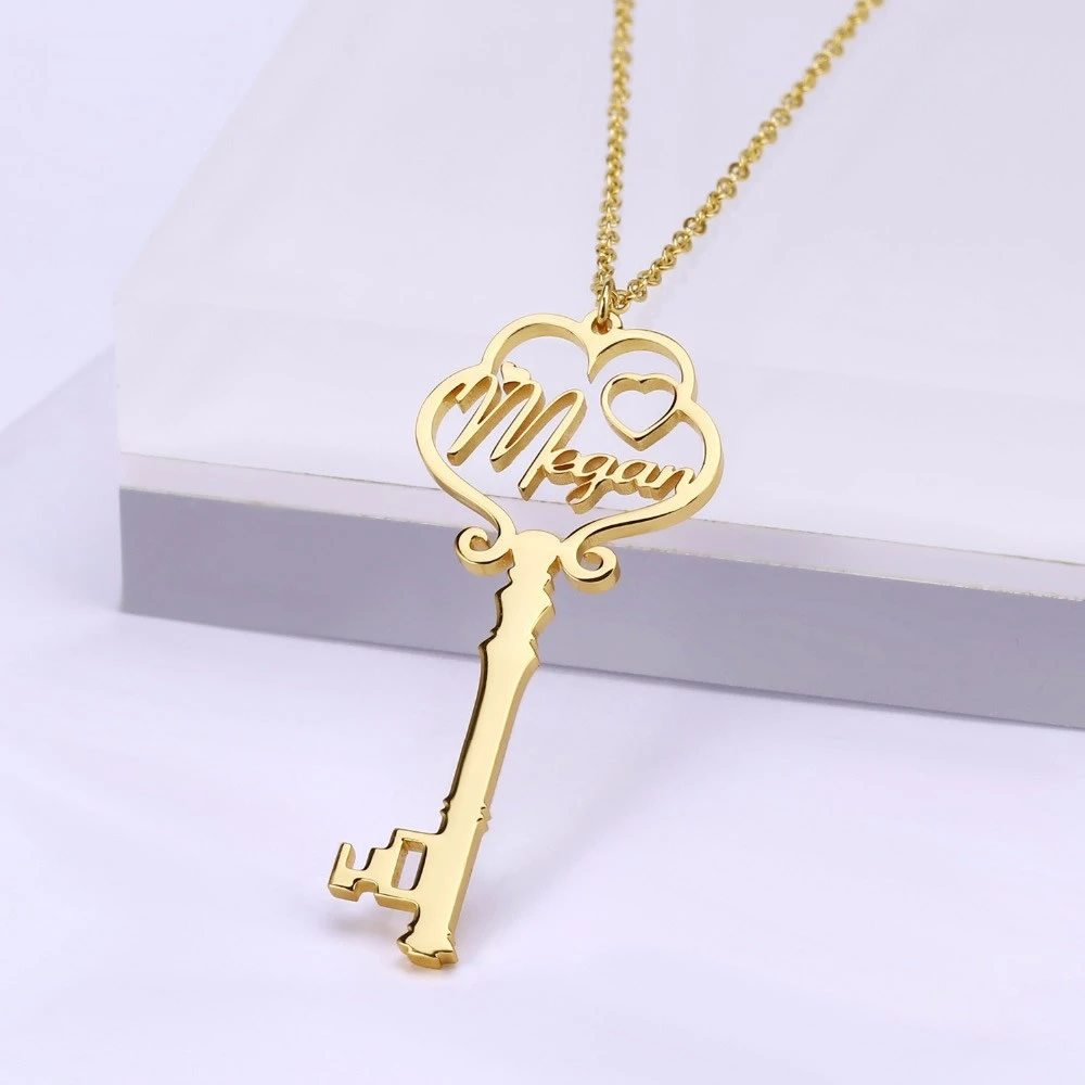 

Custom Vintage Key Name Necklaces Pendant Stainless Steel Chaînes Collier Prenom Personnalisable Choker Collares