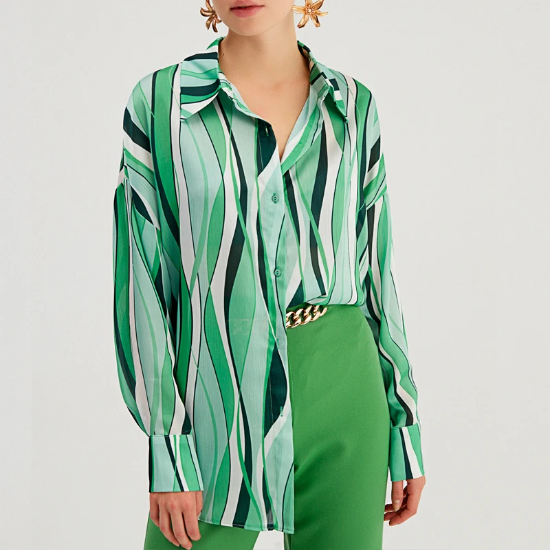 

Fashion Tops Loose Digital Printed Blouse Casual Long Sleeve Clothes Turn Down Collar Stripe Shirt Women Streetwear Blusas 25332