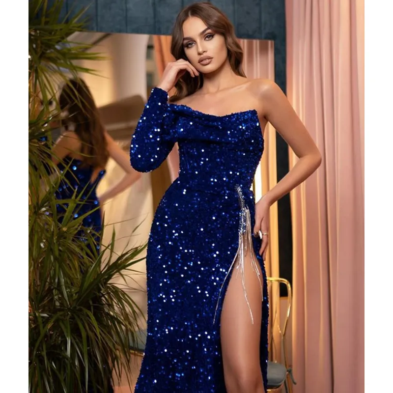 Elegant Party Sexy Evening Women Long Dresses One Shoulder Bodycon Split Female Sequins Maxi Blue Dress Prom Wedding Bridesmaid