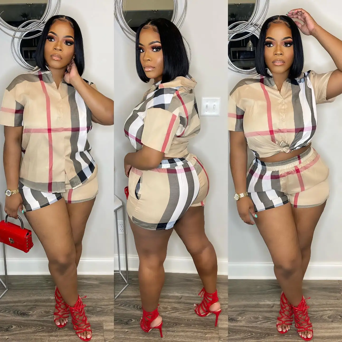 

QIWN Spring And Summer Women's Two-Piece Checkered Printed Shirt+Shorts Temperament Commuting Casual Set