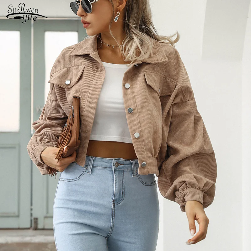

Jackets for Women Lantern Sleeve Cropped Bomber Jacket Overcoat Outwear Fashion Spring Vintage Corduroy Autumn Winter Coat 18047