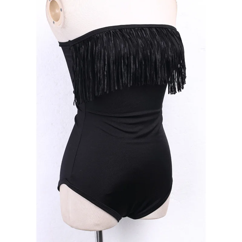 Сексуальный черный женский купальник однотонный сплошной с бахромой пуш-ап