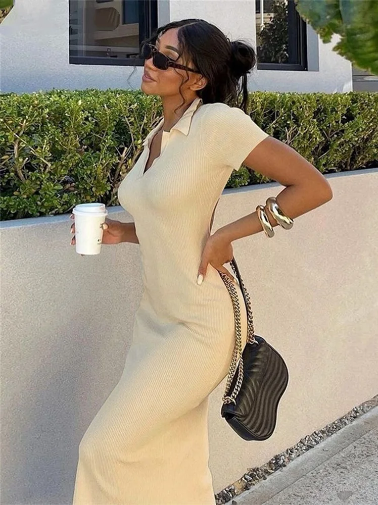 

Elegant Knitted Short Sleeve Bodycon Maxi Dress Women Summer Sexy Backless Bandage Streetwear Solid Stretch Lady Dresses