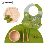 lillilopo strong suction bamboo feeding plate bowl set with silicone bib fork and spoon baby dinnerware free shipping