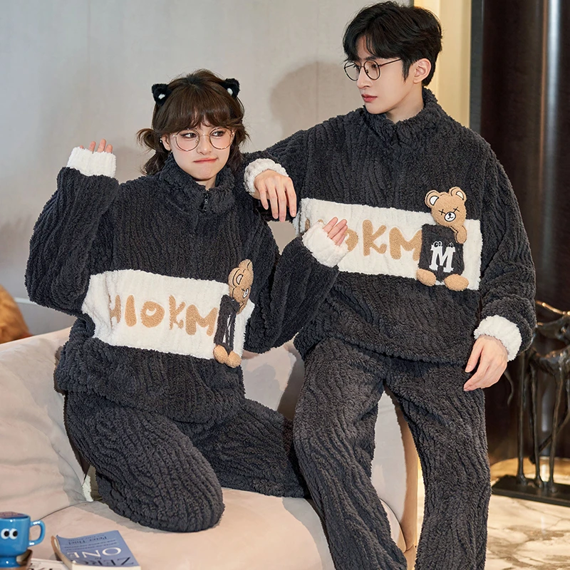 Winter Couple Pajamas Sets Women Men Sleepwear Cartoon Bear Leisure wear Unisex Korean Homewear Thicken Warm Kawaii Pajamas 2PCS