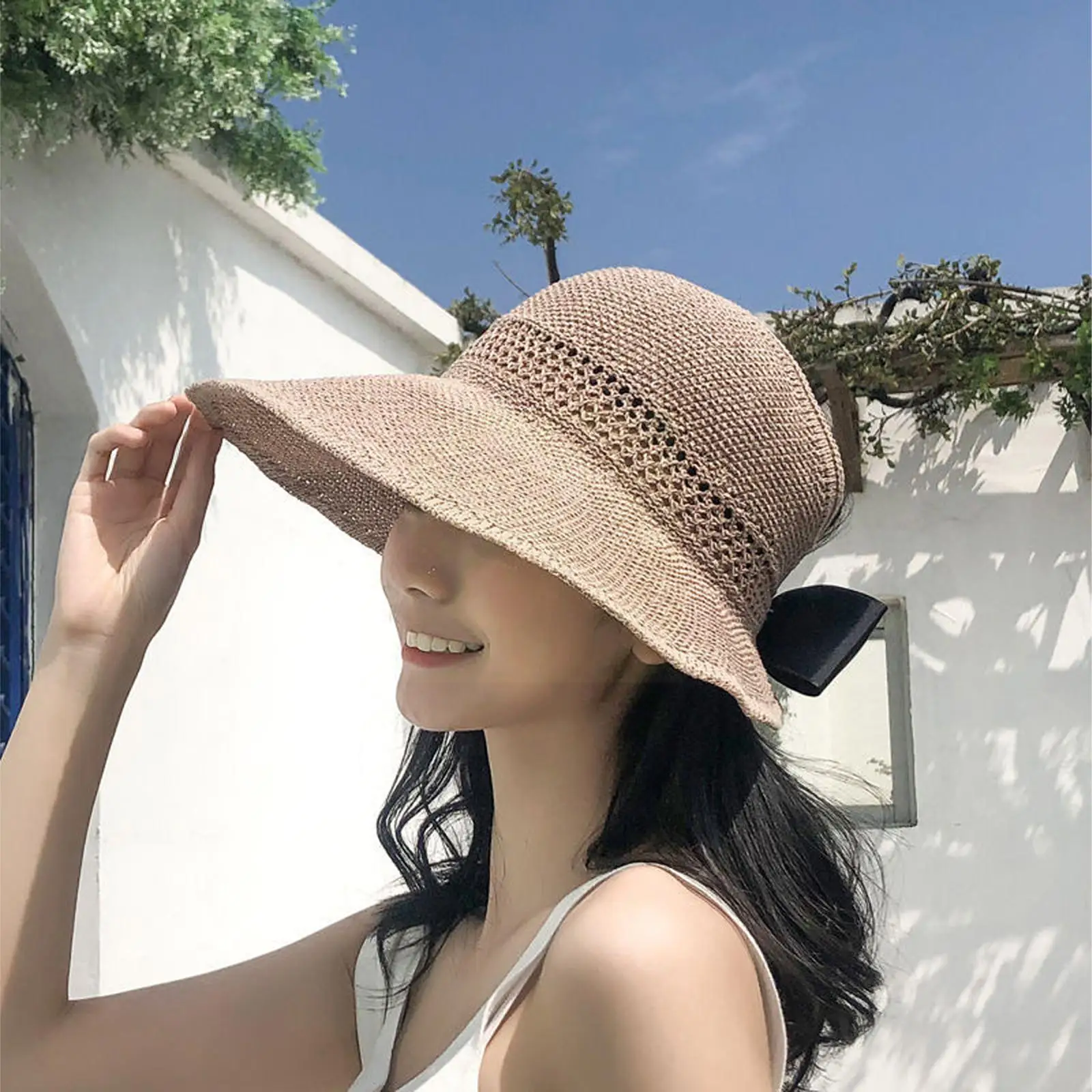 

Summer Hats For Women Sun Hat Foldable Hollow Out Breathable Sun Visor Straw Wide Brim Beach Hat Girl Outdoor Travel Bow Ca M6B7