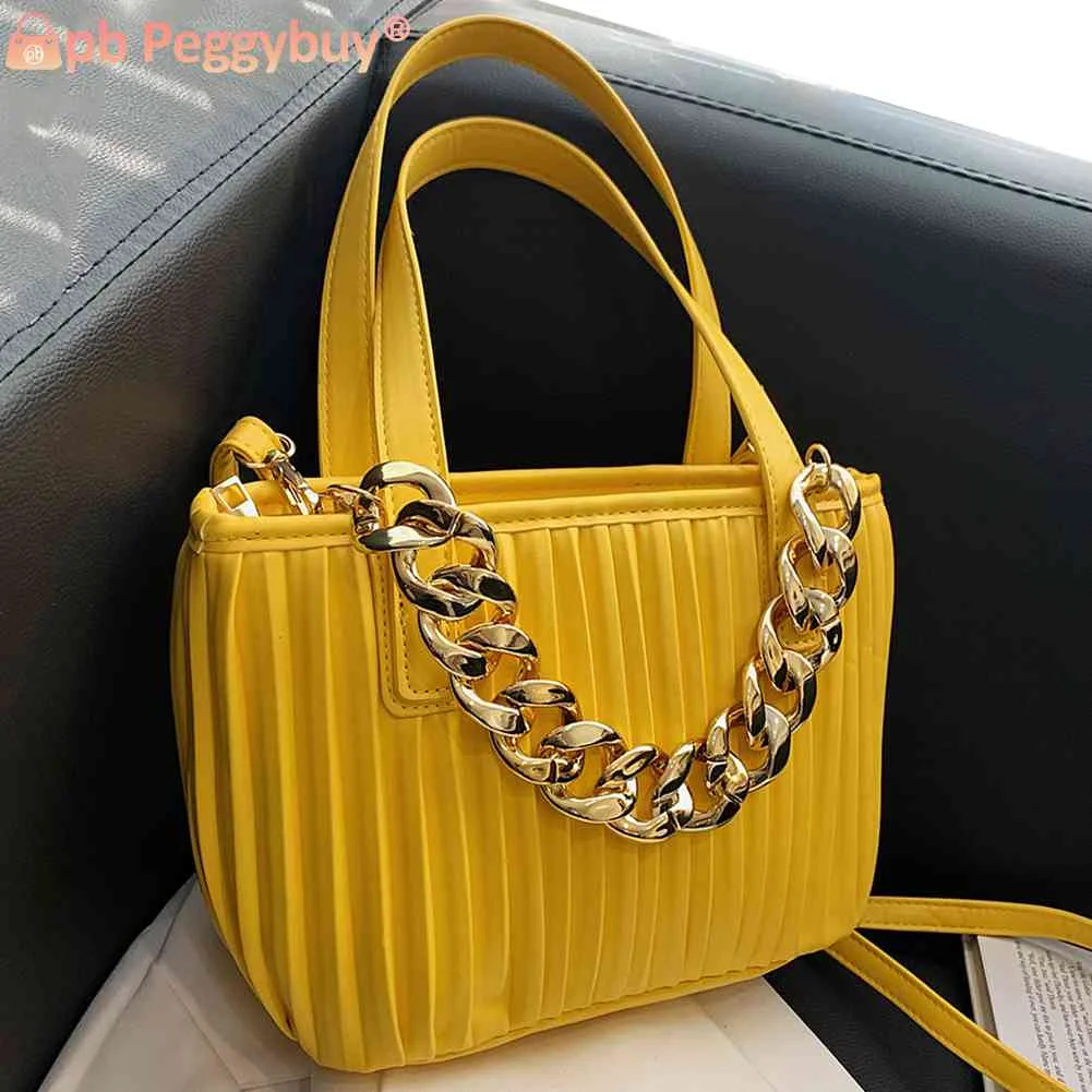 

Модная сумка на плечо, кожаная женская сумка с толстыми цепочками, плиссированная дизайнерская однотонная портативная дамская сумочка, ран...