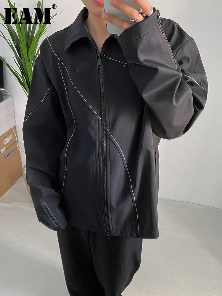 [EAM] Loose Fit Black Topstitched Big Size Jacket New Lapel Long Sleeve Women Coat Fashion Tide Spring Autumn 2023 1DF1475