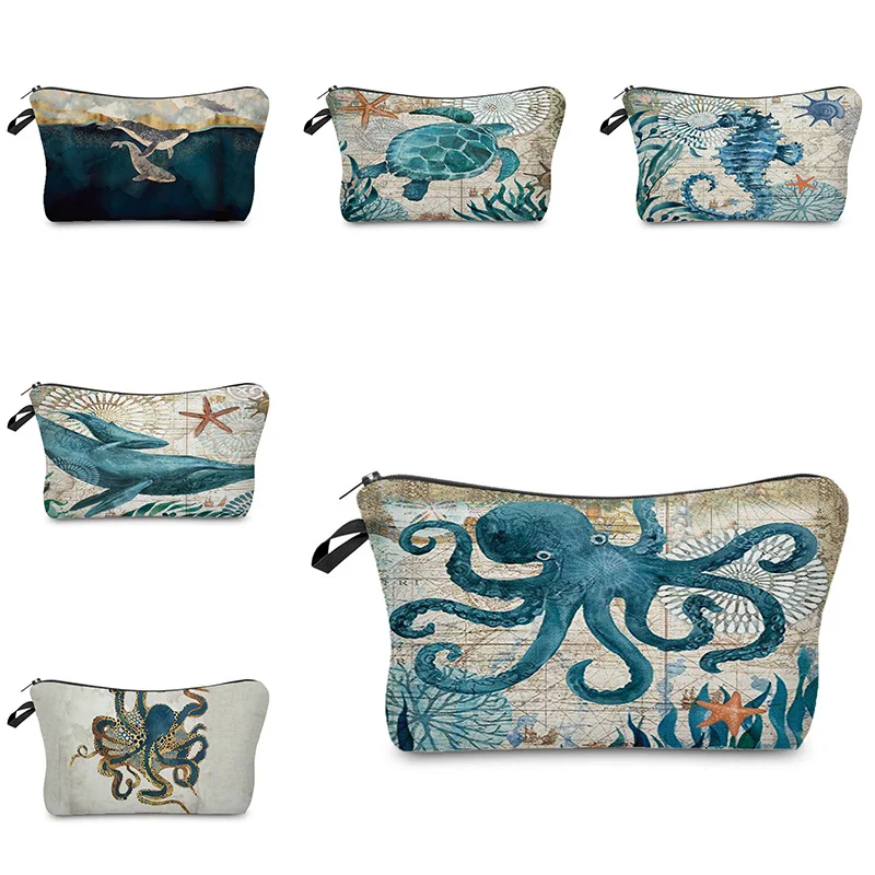 

Cute Women Toiletry Bag Ocean Octopus Whale Cosmetic Bags With Printed Makeup Bag Zipper Portable Organizer Pencil Canvas Case