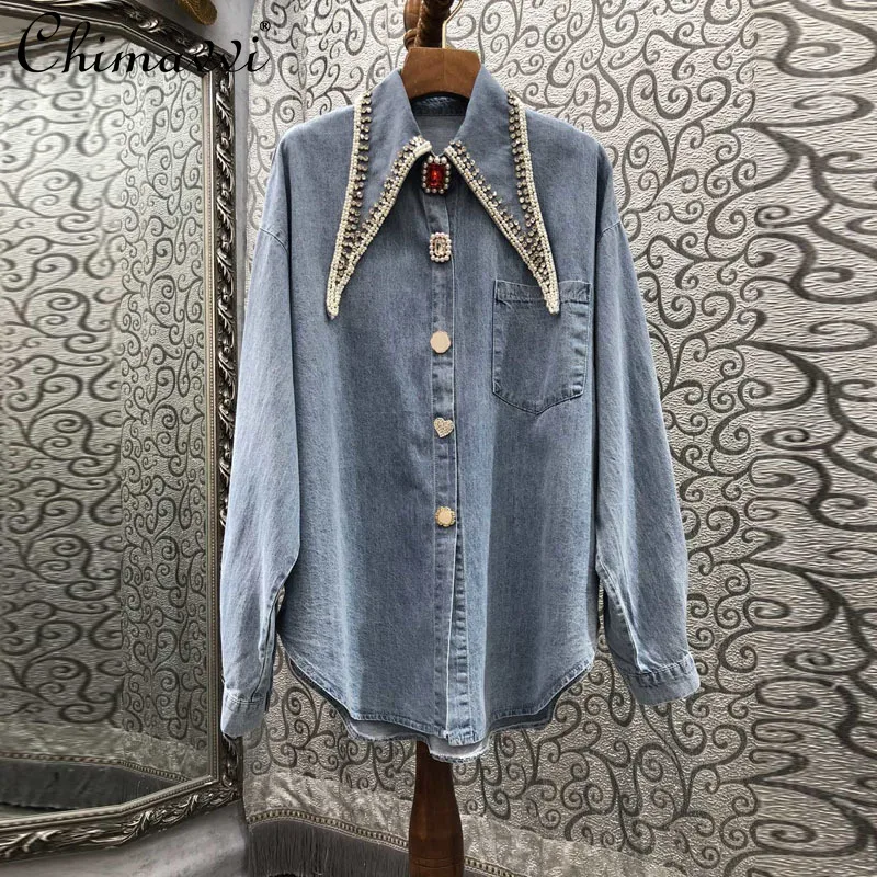 

Exquisite Rhinestone Design Pointed Collar Drill Buckle Denim Blouse 2022 Spring Fashion Single-breasted Loose Bottoming Shirt