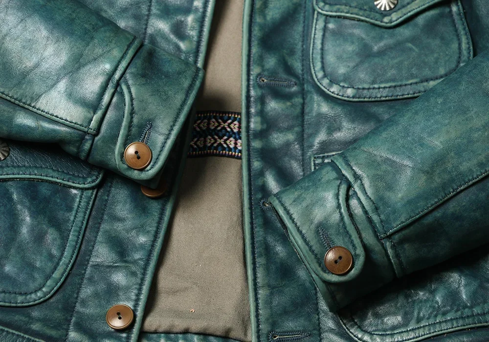 Blunt Razor Sky Blue Retro Distressed Leather Jacket RRL Style Men's Genuine Top Layer Cowhide Amikaki