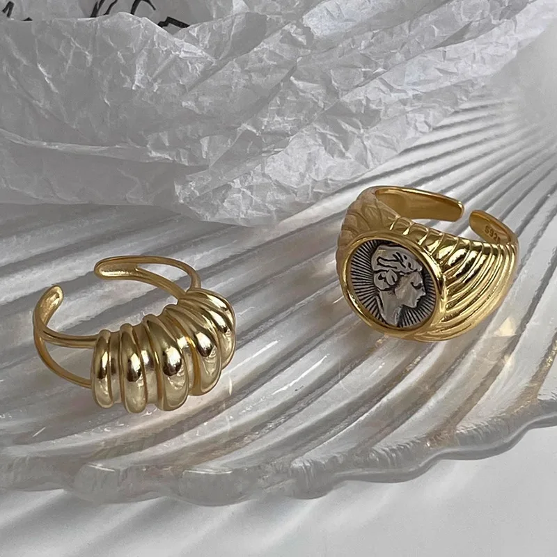 

French Color Gold Ring Personality Portrait Fried Dough Twists Retro Fashion Simple Opening Adjustable Women's Ring Jewelry