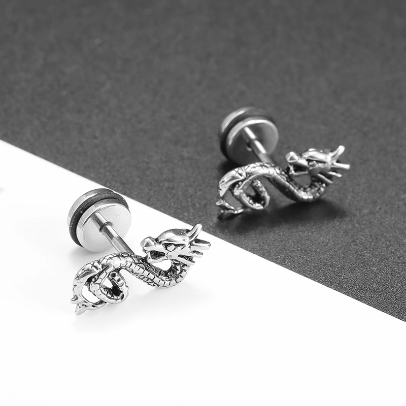 

Creative Retro Shanhaijing Shenlong Stud Earrings Stainless Steel Men's Earrings Classic Punk Hip Hop Rock Jewelry Accessories