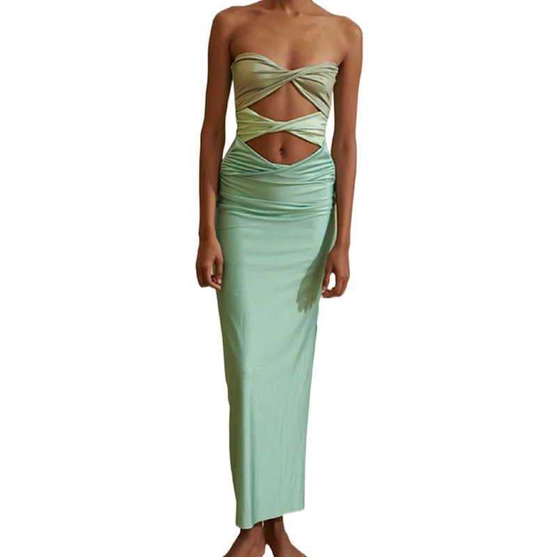 

Женское платье без бретелек y2k, облегающие платья контрастных цветов с вырезом спереди, коктейльное платье с открытыми плечами, одежда для в...